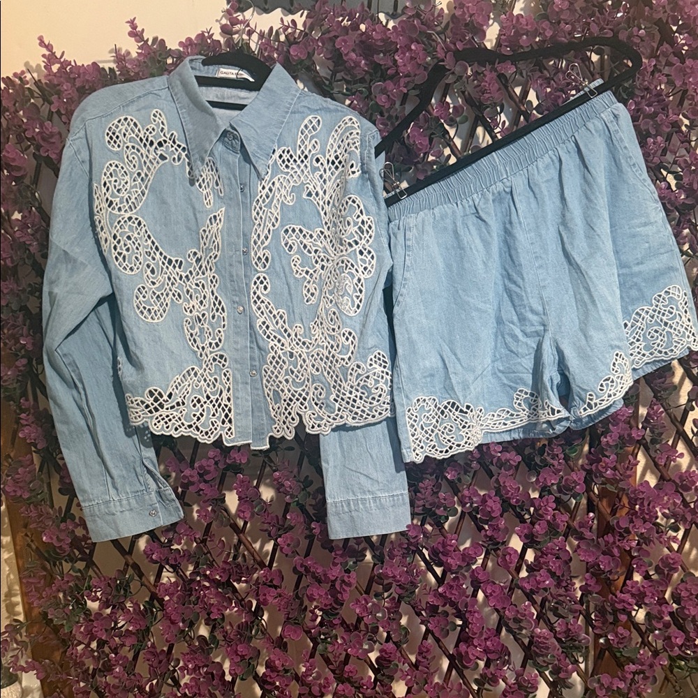 Fox Denim Blue Set with White Lace Detail